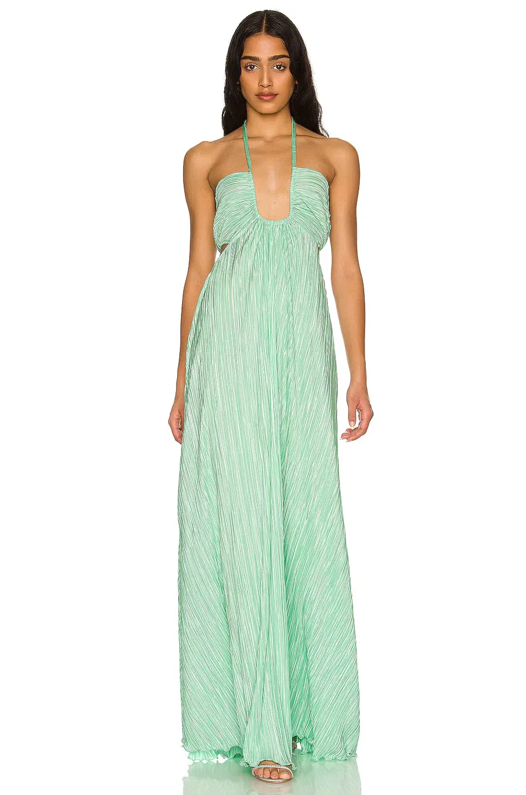 LoveShackFancy Julissa Plissé Satin Halterneck Maxi Dress In Light Emerald Size S / AU 8 for rent on The Volte - main image