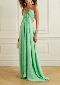 LoveShackFancy Julissa Plissé Satin Halterneck Maxi Dress In Light Emerald Size S / AU 8 for rent on The Volte - image 1
