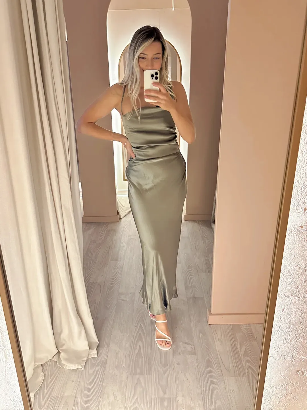 Shona Joy La Lune Asymmetrical Bias Cowl Midi Dress Sage Size 8 for rent on The Volte - main image