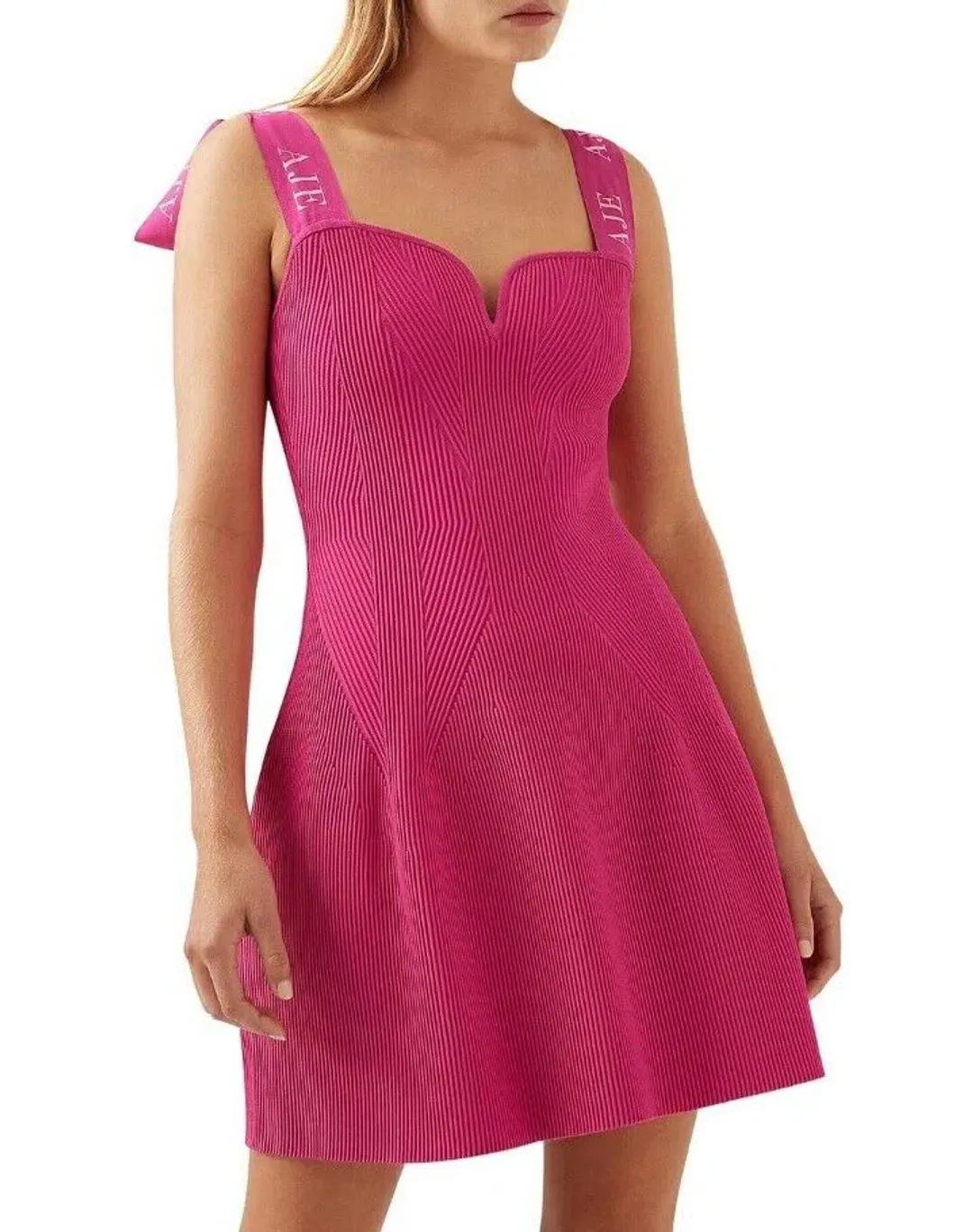 Aje Amber Knit Tie Shoulder Mini Dress in Fuchsia Size XS / AU 6 for rent on The Volte - main image
