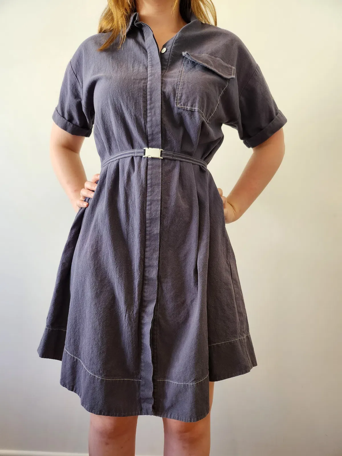 Cue Button Up Dress with Belt Navy Size 8 for rent on The Volte - main image