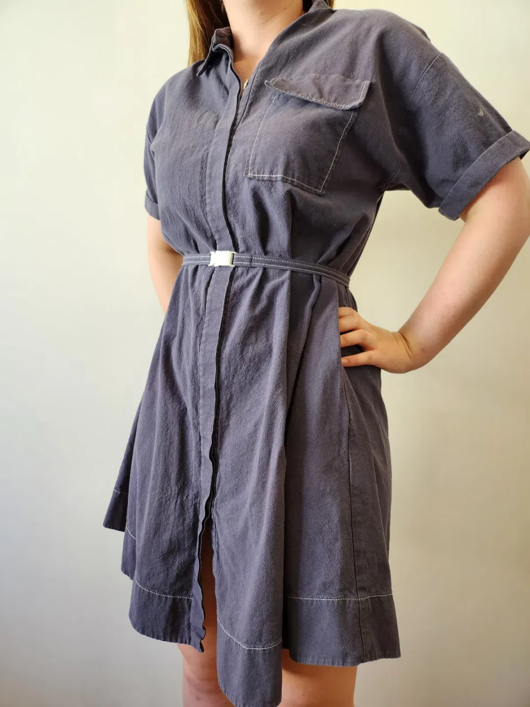 Cue Button Up Dress with Belt Navy Size 8 for rent on The Volte - main image