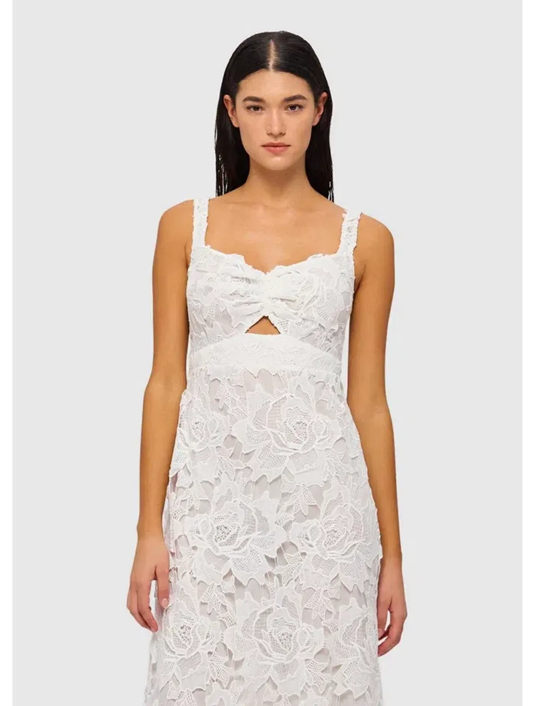 Leo Lin Iris Lace Ruched Bust Midi Dress White Size 8 for rent on The Volte - main image