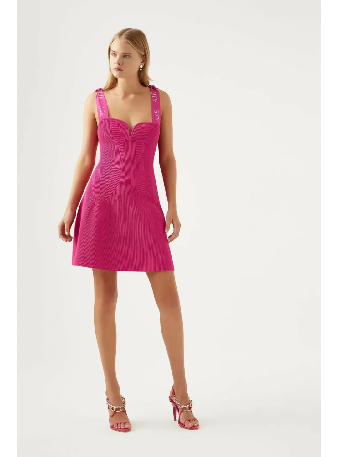 Aje Amber Knit Tie Shoulder Mini Dress Pink Size AU 10 for rent on The Volte - main image