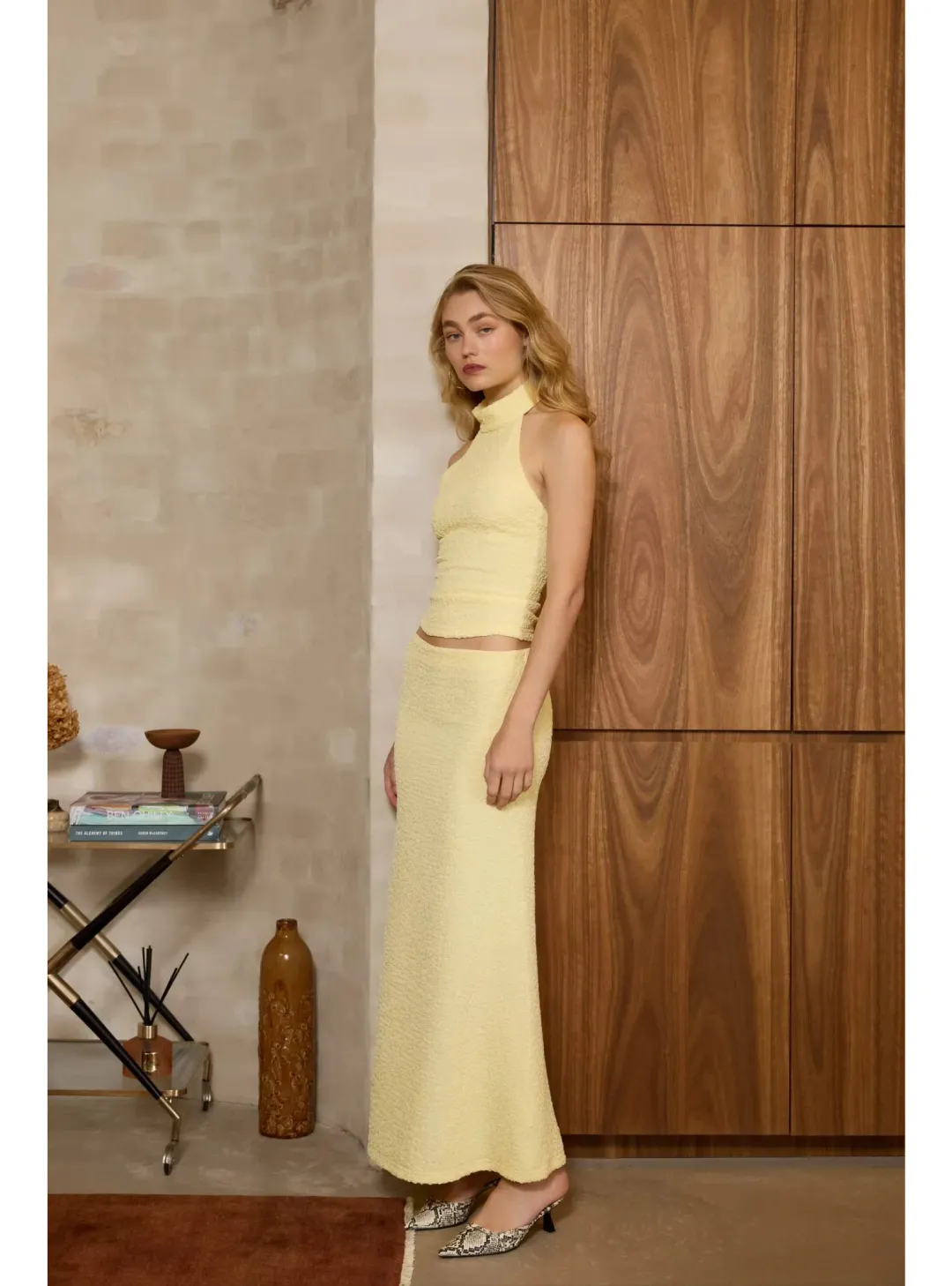 With Harper Lu Textured Halter Set in Limoncello Size AU 8 for rent on The Volte - main image