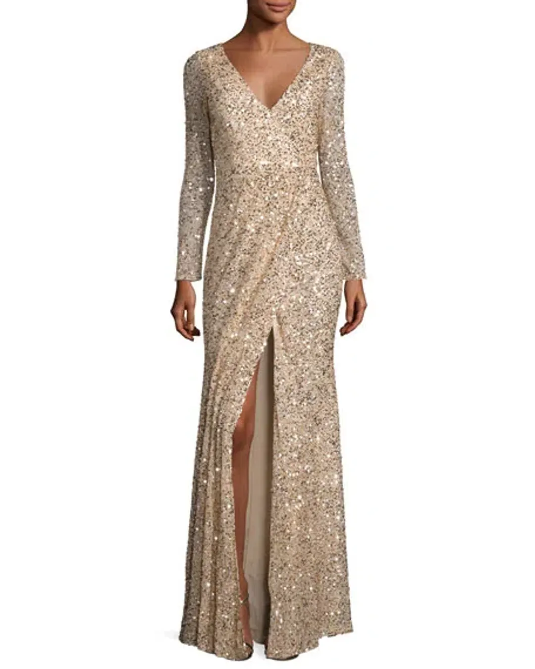Rachel Gilbert Long Sleeve Sequined V Neck Gown Gold Size 2 for rent on The Volte - main image
