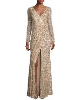 Rachel Gilbert Long Sleeve Sequined V Neck Gown Gold Size 2 for rent on The Volte - image 1