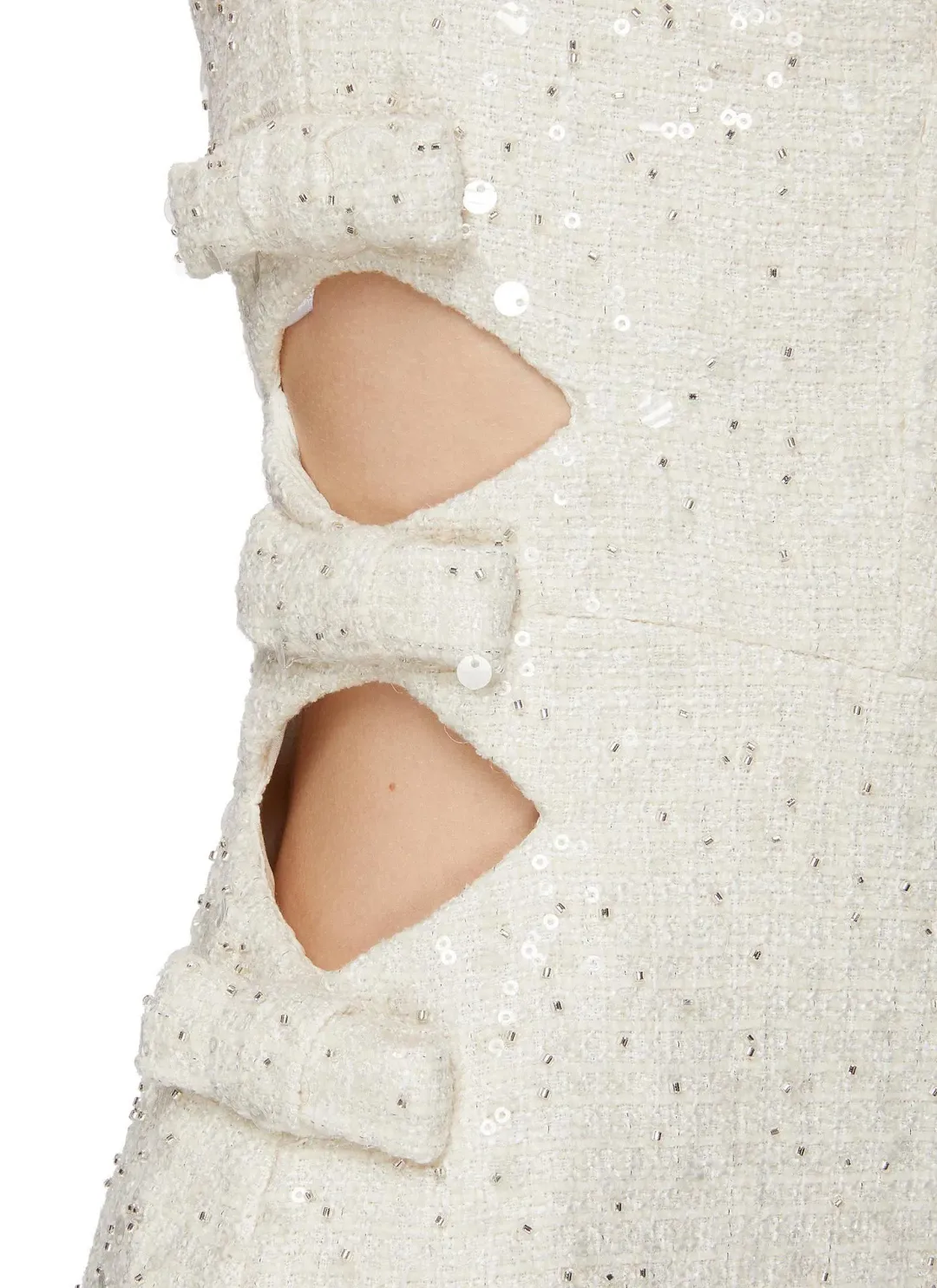 Self Portrait Sequined Boucle Cut Out Mini Dress Cream Size UK 10 for rent on The Volte - main image