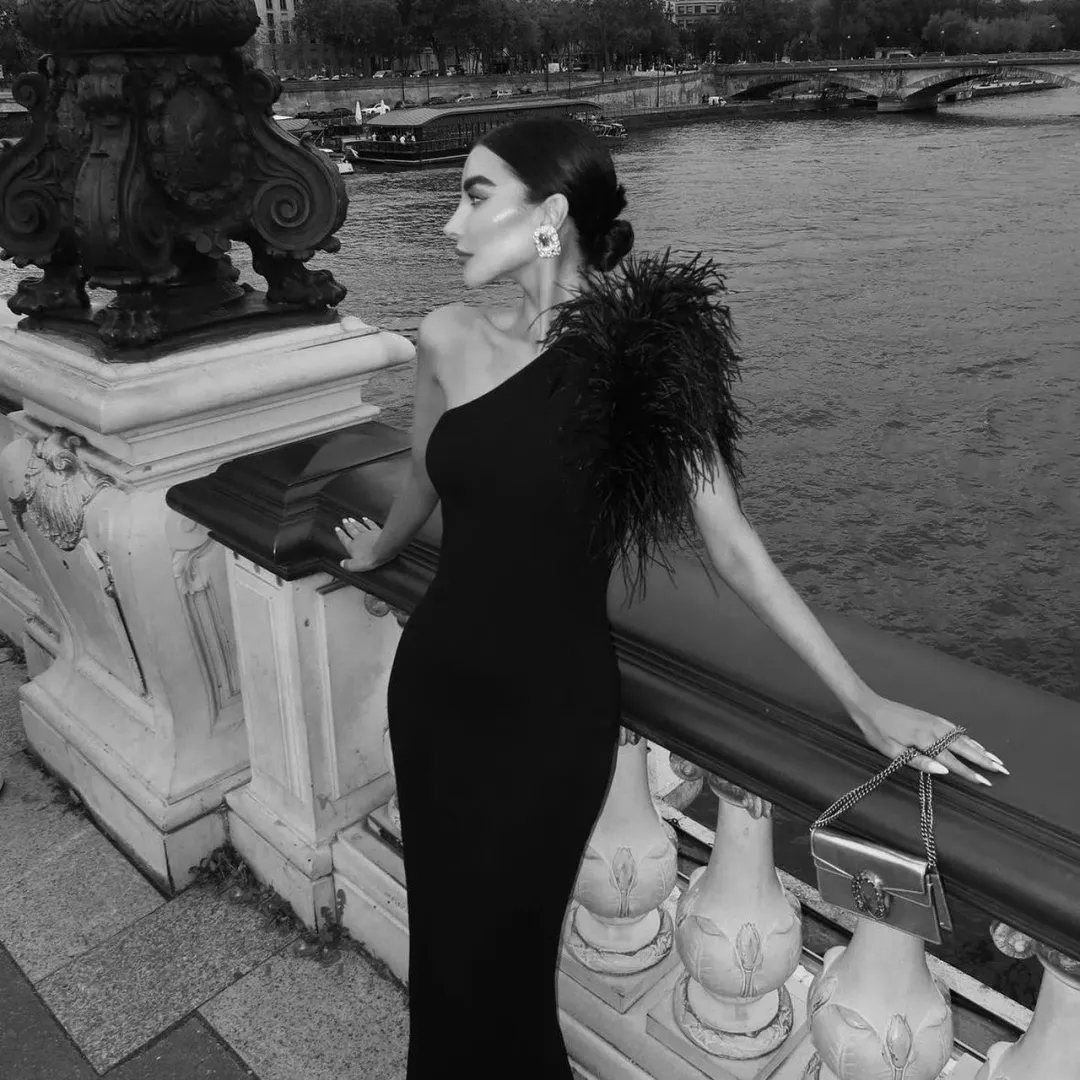 Rachel Gilbert Elcie Dress Black Xs Full Length Gown With Feather Size 6 for rent on The Volte - main image