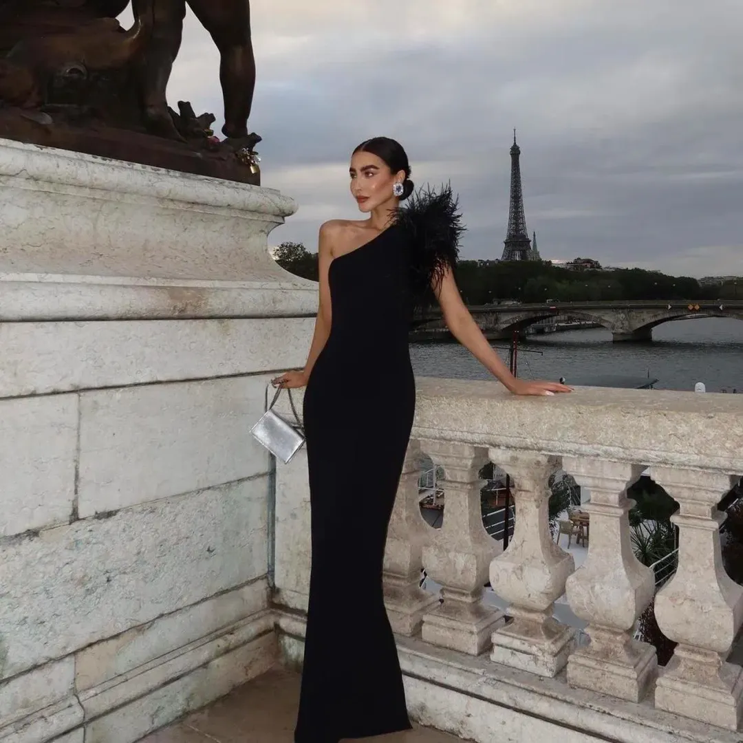 Rachel Gilbert Elcie Dress Black Xs Full Length Gown With Feather Size 6 for rent on The Volte - main image