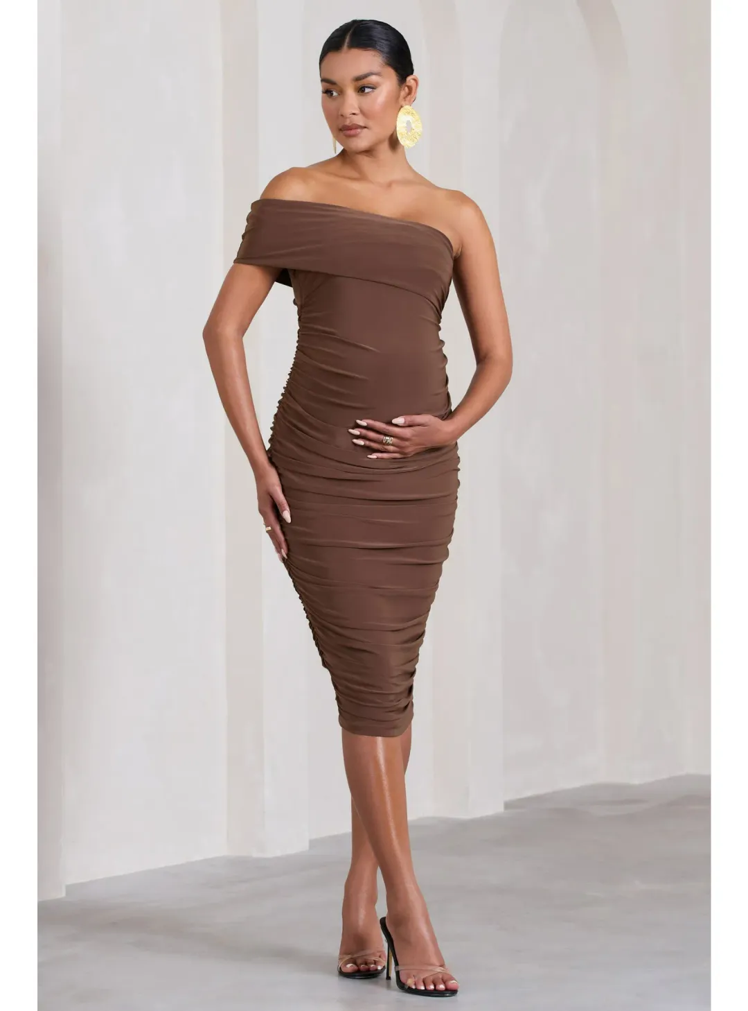 Club L London Remember Me Maternity One Shoulder Midi Dress Chocolate Size AU 12 for rent on The Volte - main image