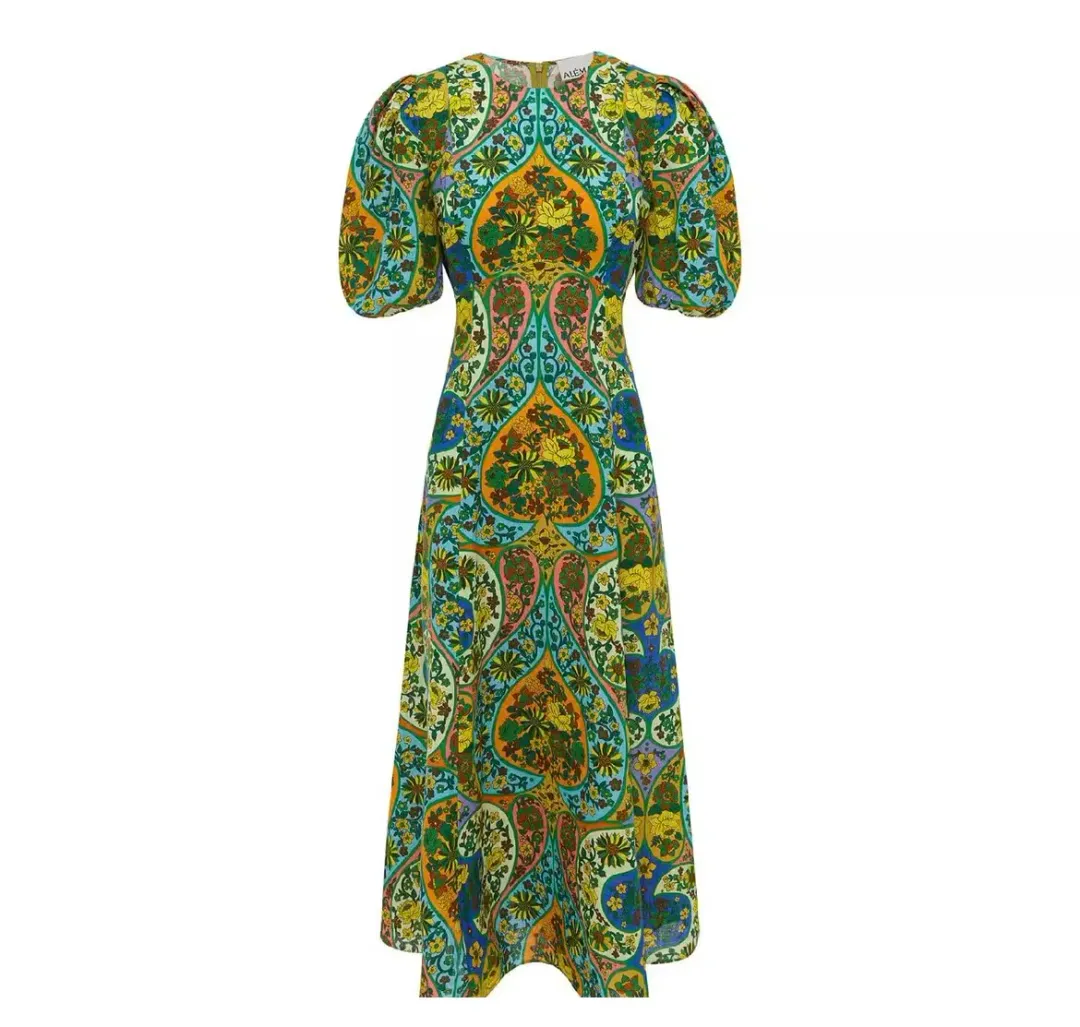 Alemais Sofie Puff Sleeve Midi Dress Green Print Size 12 for rent on The Volte - main image