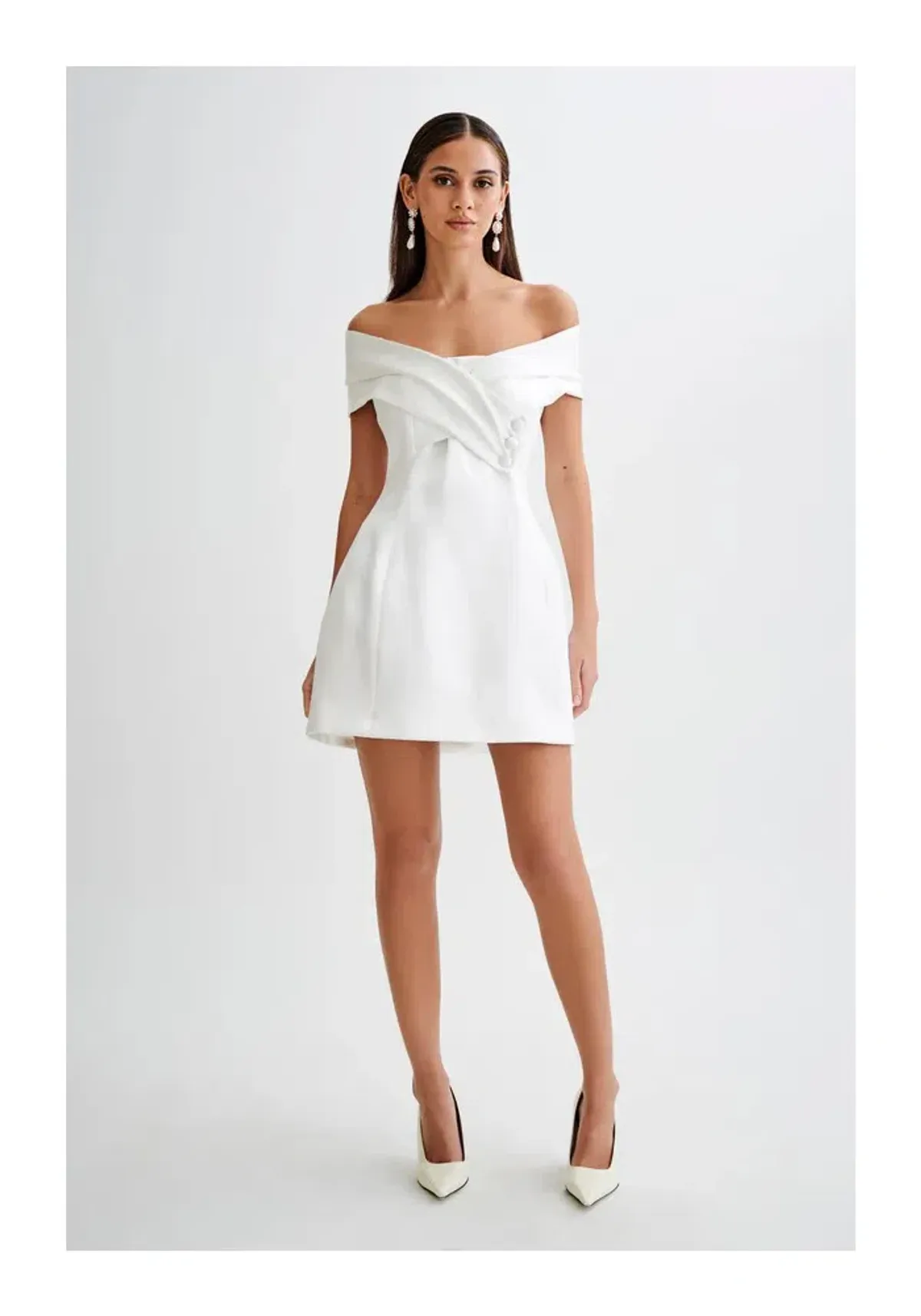 Meshki Evita Satin Off Shoulder Mini Dress White Size 8 for rent on The Volte - main image