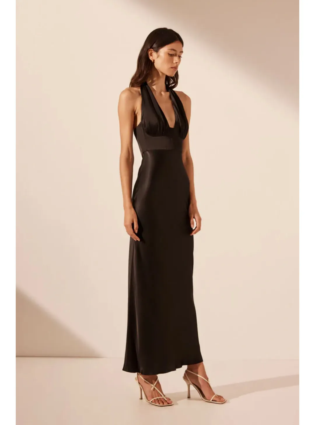 Shona Joy La Lune Plunged Halter Midi Dress Black Size AU 14 for rent on The Volte - main image