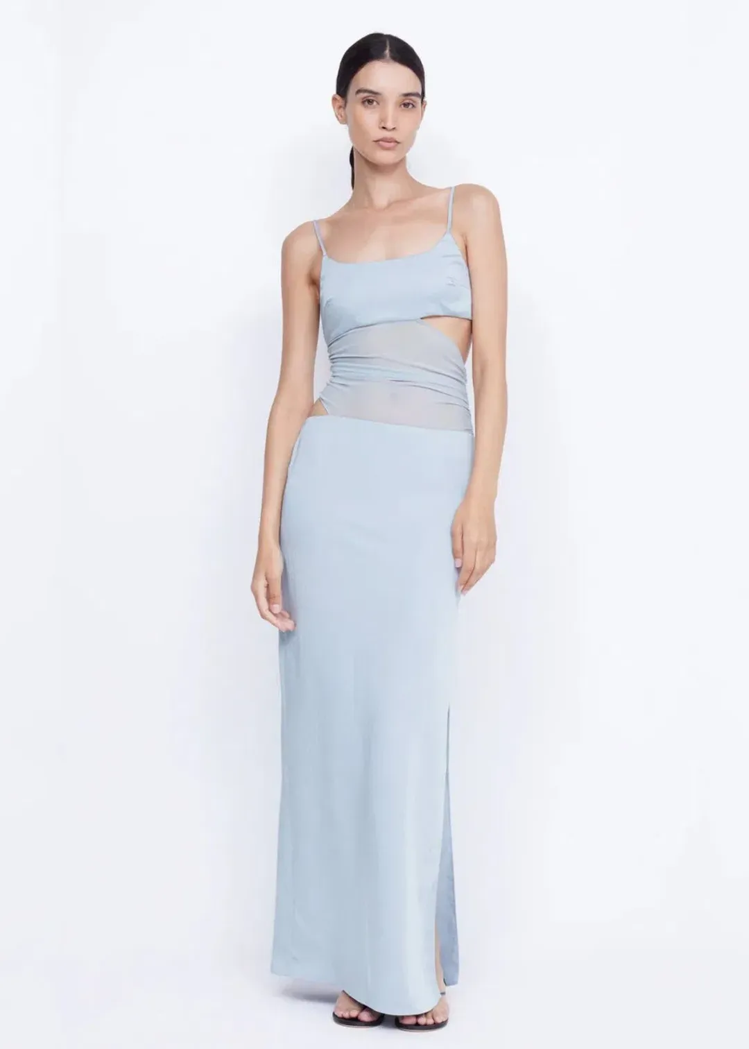 Bec and Bridge Mari Lou Asym Sheer Panel Maxi Dress in Dove Blue Size 8 for rent on The Volte - main image