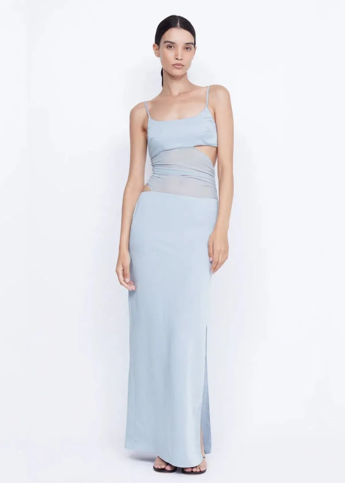 Bec and Bridge Mari Lou Asym Sheer Panel Maxi Dress in Dove Blue Size 8 for rent on The Volte - main image