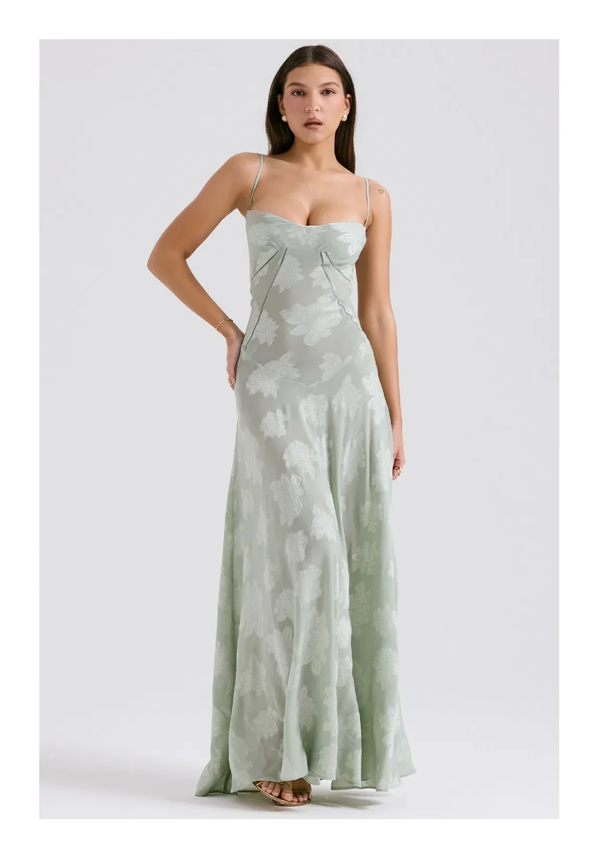 House of CB Seren Lace Back Maxi Dress in Pistachio Pale Green in Size S / AU 8 for rent on The Volte - main image