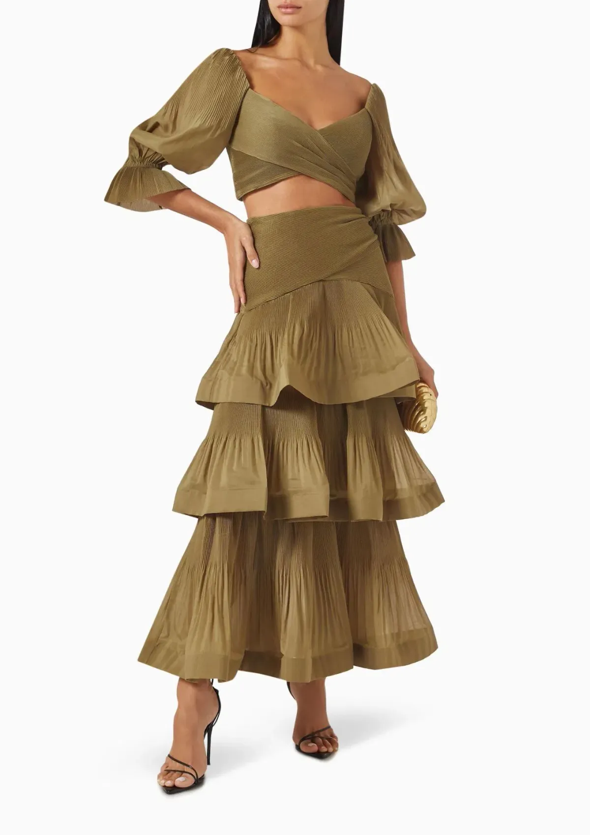 Zimmermann Pleated Bodice and Tiered Skirt Set in Olive Size 1 / AU 10 for rent on The Volte - main image