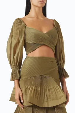 Zimmermann Pleated Bodice and Tiered Skirt Set in Olive Size 1 / AU 10 for rent on The Volte - image 2