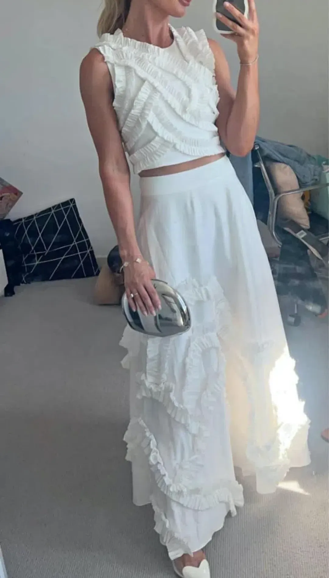 Aje Aurelia Frill Shell Top and Kendra Frill Maxi Skirt Set Ivory Size 8 for rent on The Volte - main image