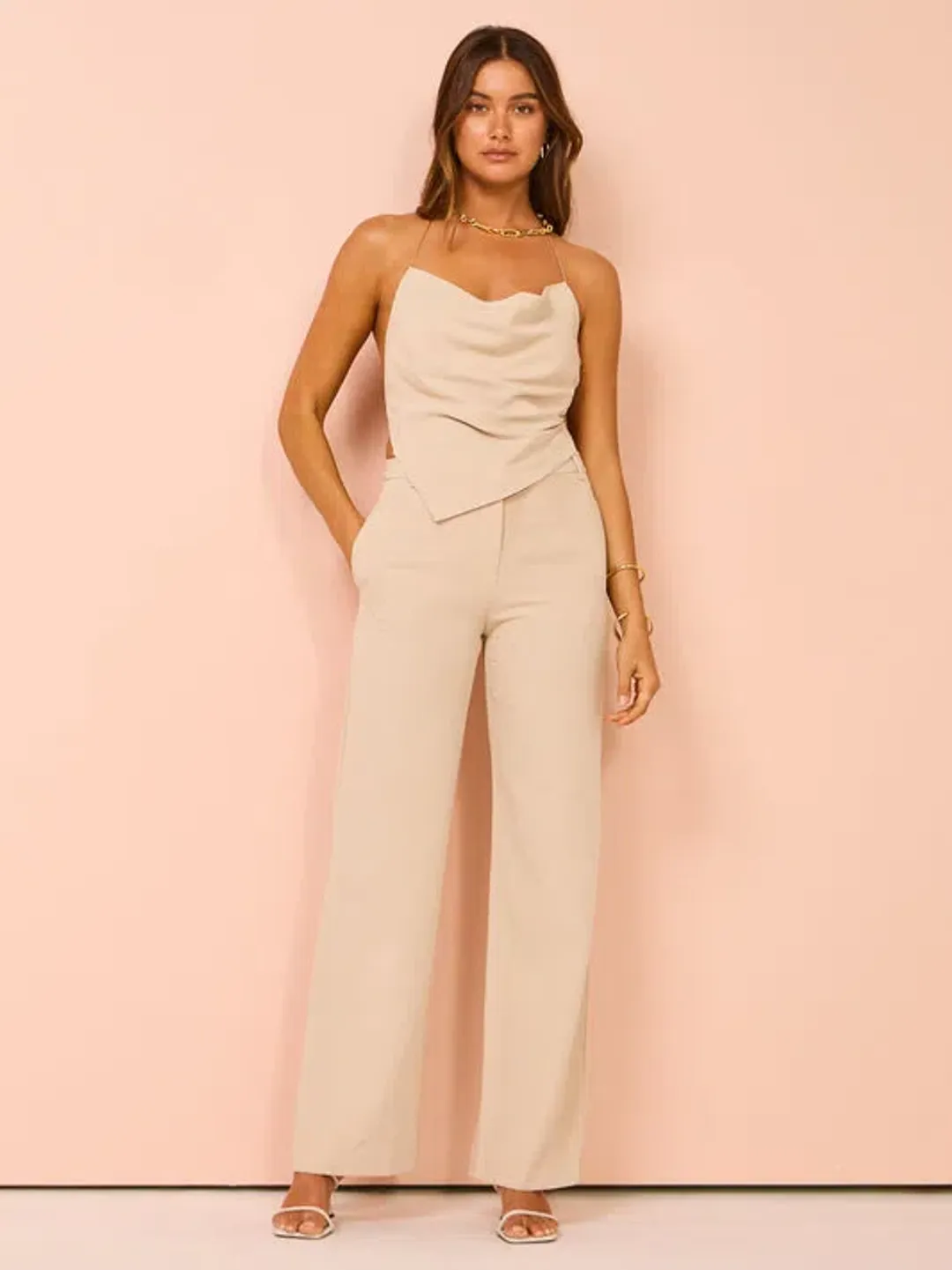 Bec & Bridge Desiree Halter Top and Straight Leg Pants Set in Sand Size 8 for rent on The Volte - main image
