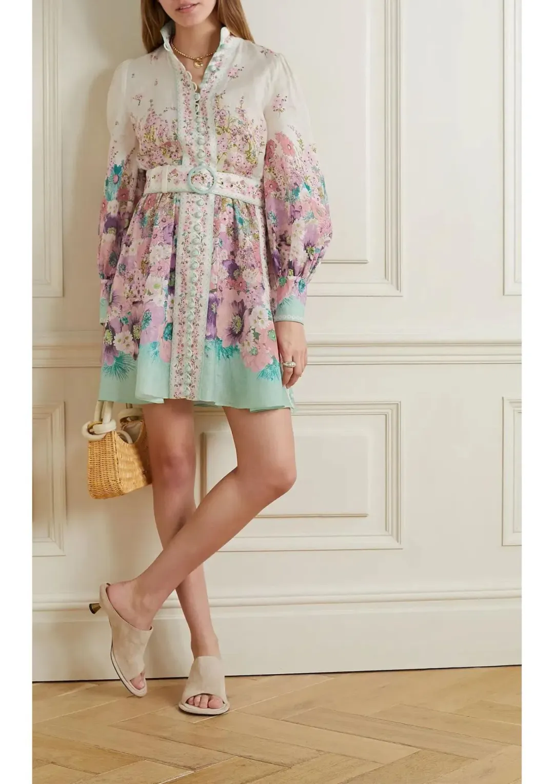 Zimmermann Jude Buttoned Mini Dress Aqua Gradient Floral Size 2 / AU 12 for rent on The Volte - main image