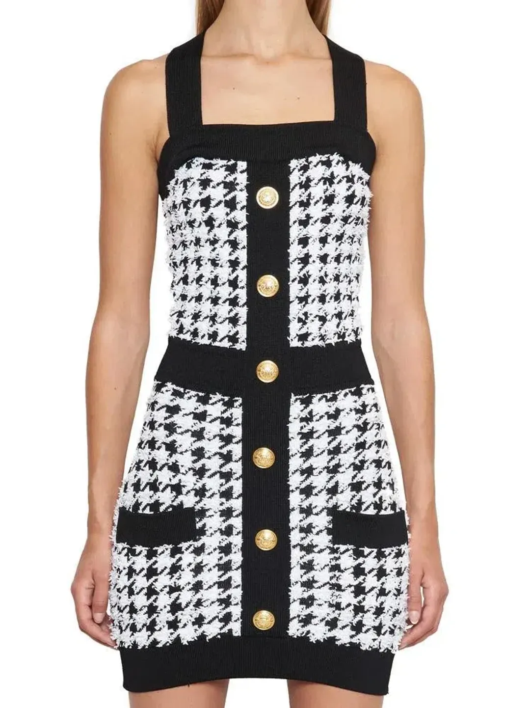 Balmain Pied De Poule Strappy Knit Mini Dress Black/White Size 8 for rent on The Volte - main image