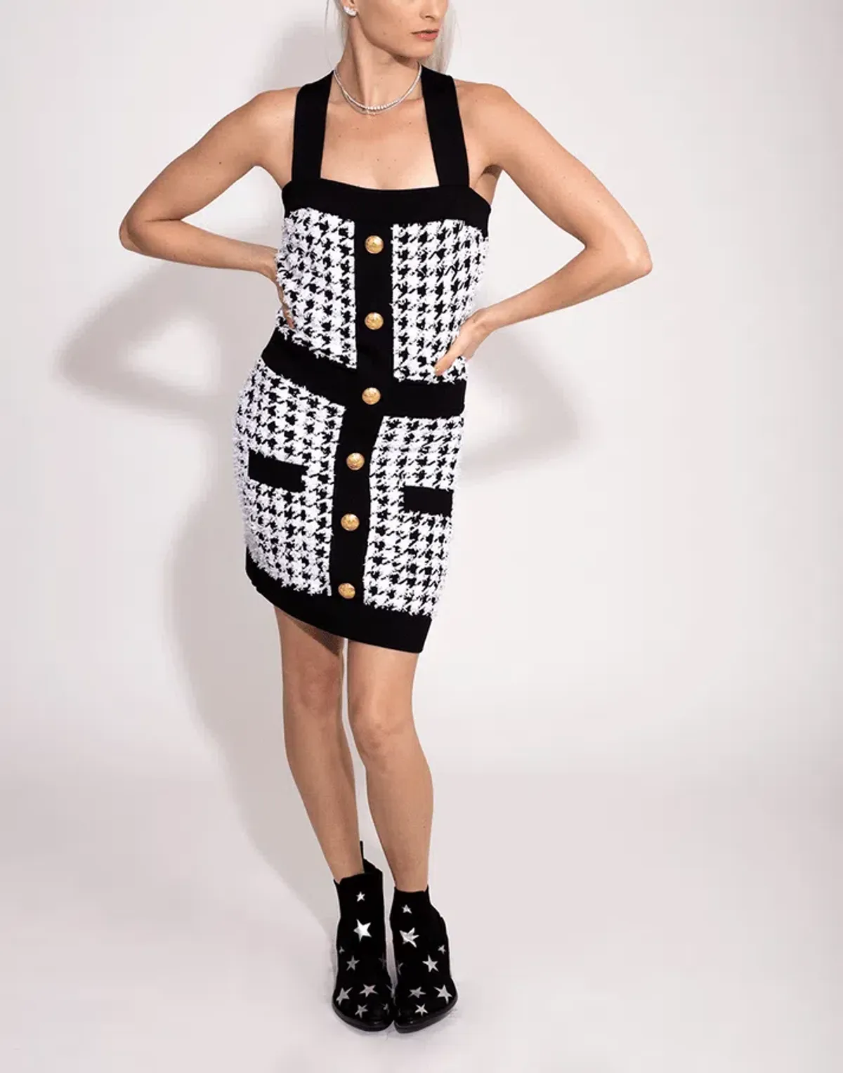 Balmain Pied De Poule Strappy Knit Mini Dress Black/White Size 8 for rent on The Volte - main image
