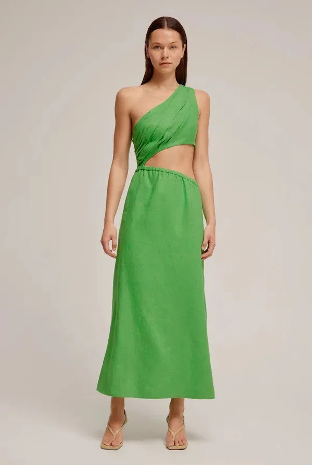 Venroy The Draped One Shoulder Cut Out Midi Dress in Vibrant Green Size M / AU 10 for rent on The Volte - main image