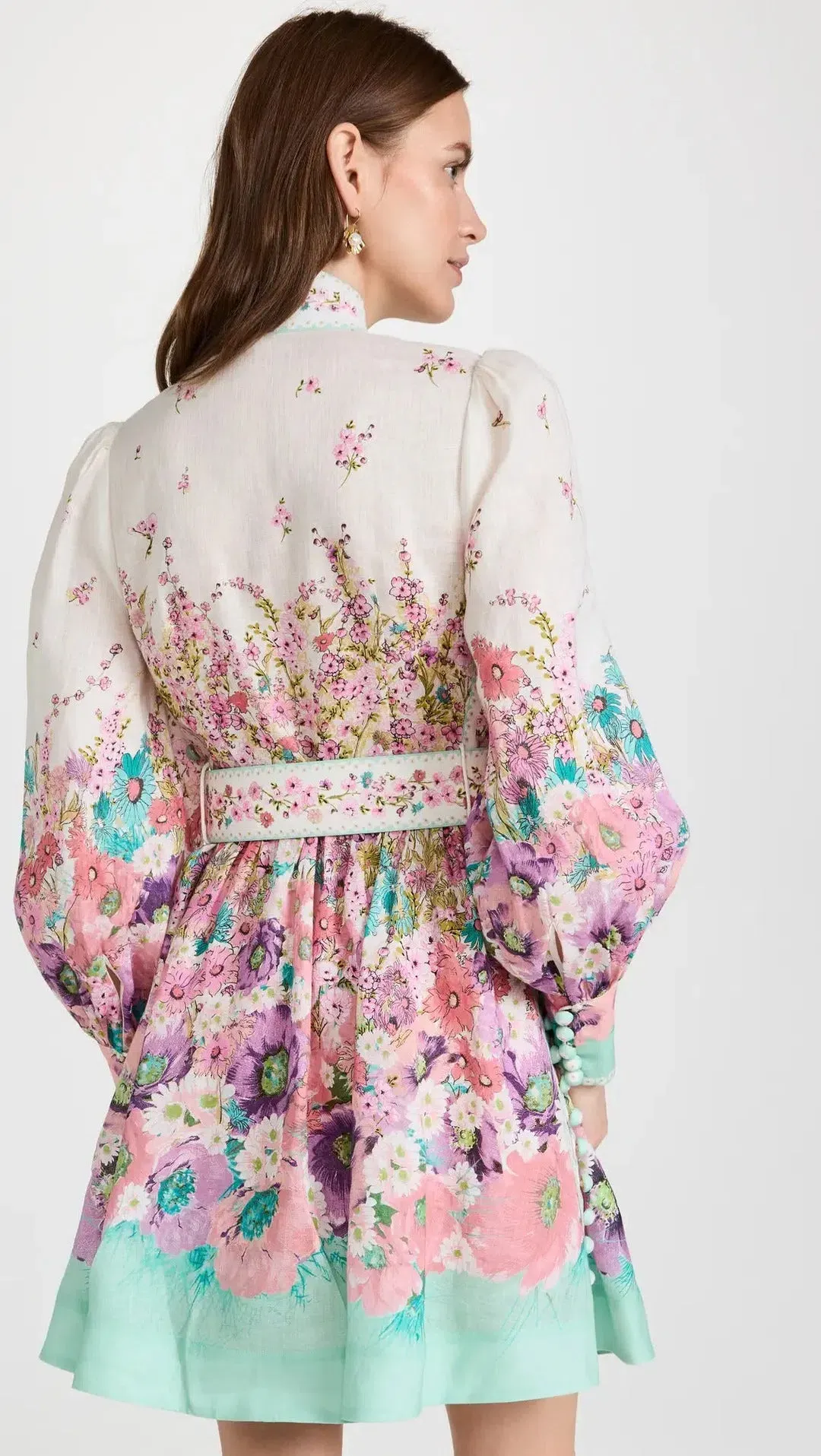 Zimmermann The Jude Buttoned Mini Dress in Aqua Gradient Flora Size 0/Au 8 for rent on The Volte - main image