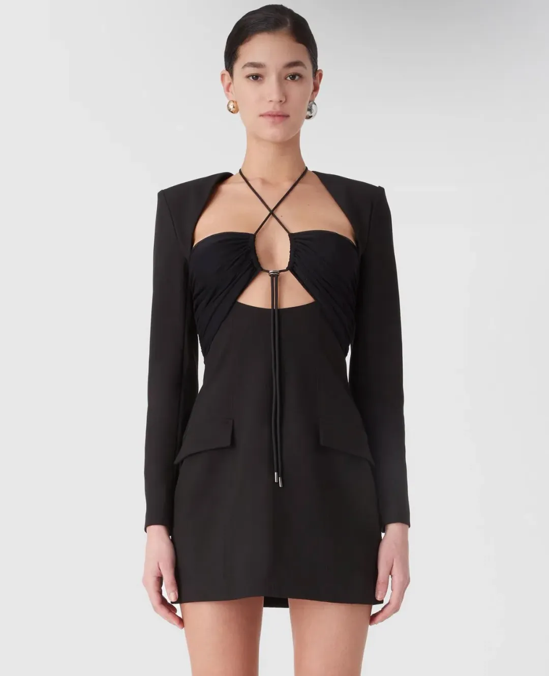 Misha Solange Mesh and Tailoring Mini Dress Black Size 10 for rent on The Volte - main image