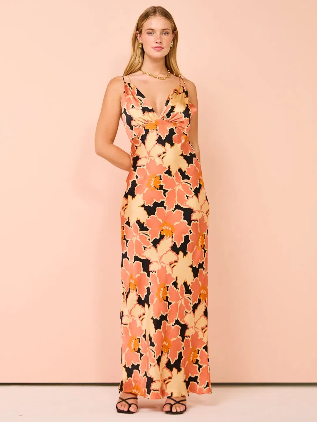 Shona Joy Rosa Silk Plunged Double Strap Maxi Dress in Coral Pink/Multi Size 8 for rent on The Volte - main image