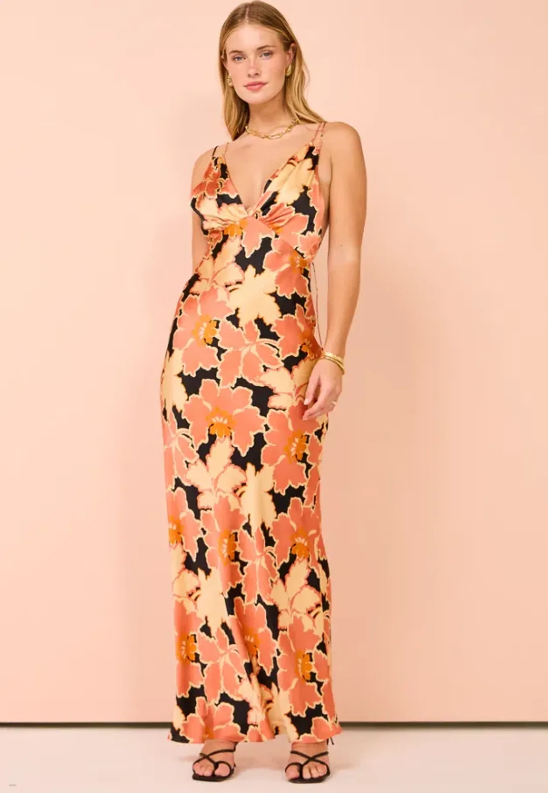 Shona Joy Rosa Silk Plunged Double Strap Maxi Dress in Coral Pink/Multi Size 8 for rent on The Volte - main image