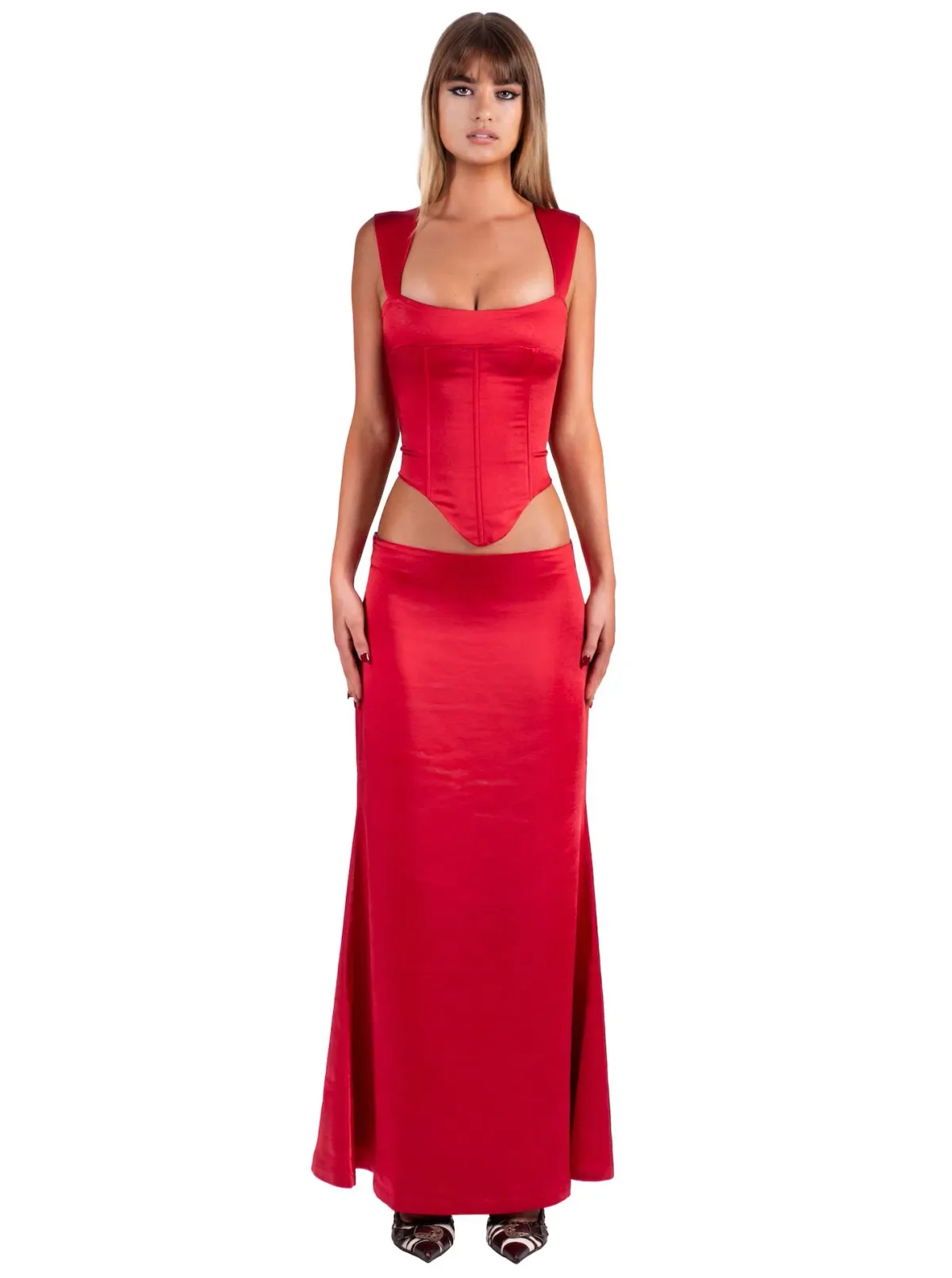 I Am Delilah Valerie Corset and Maxi Skirt Set Cherry Red Size S / AU 8 for rent on The Volte - main image