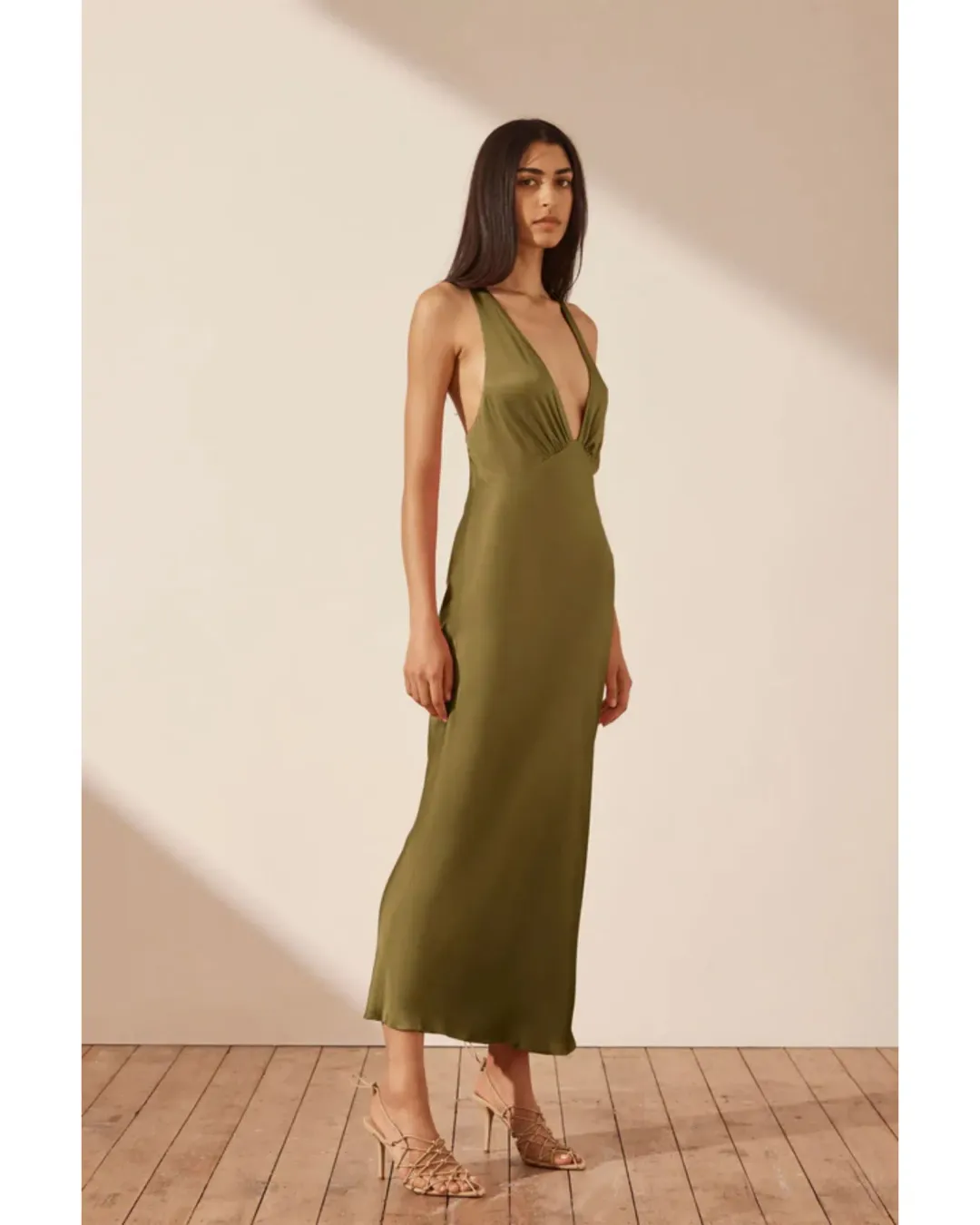 Shona Joy Arienzo Plunged Cross Back Midi Dress Green Olive Size AU 10 for rent on The Volte - main image