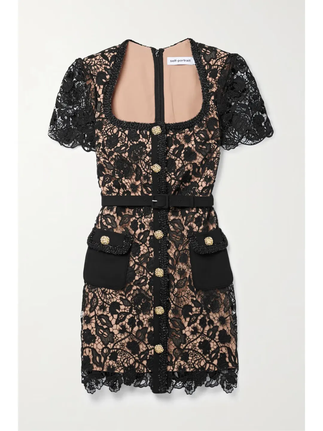 Self Portrait Embellished Belted Guipure Lace Mini Dress Black Size 6 for rent on The Volte - main image