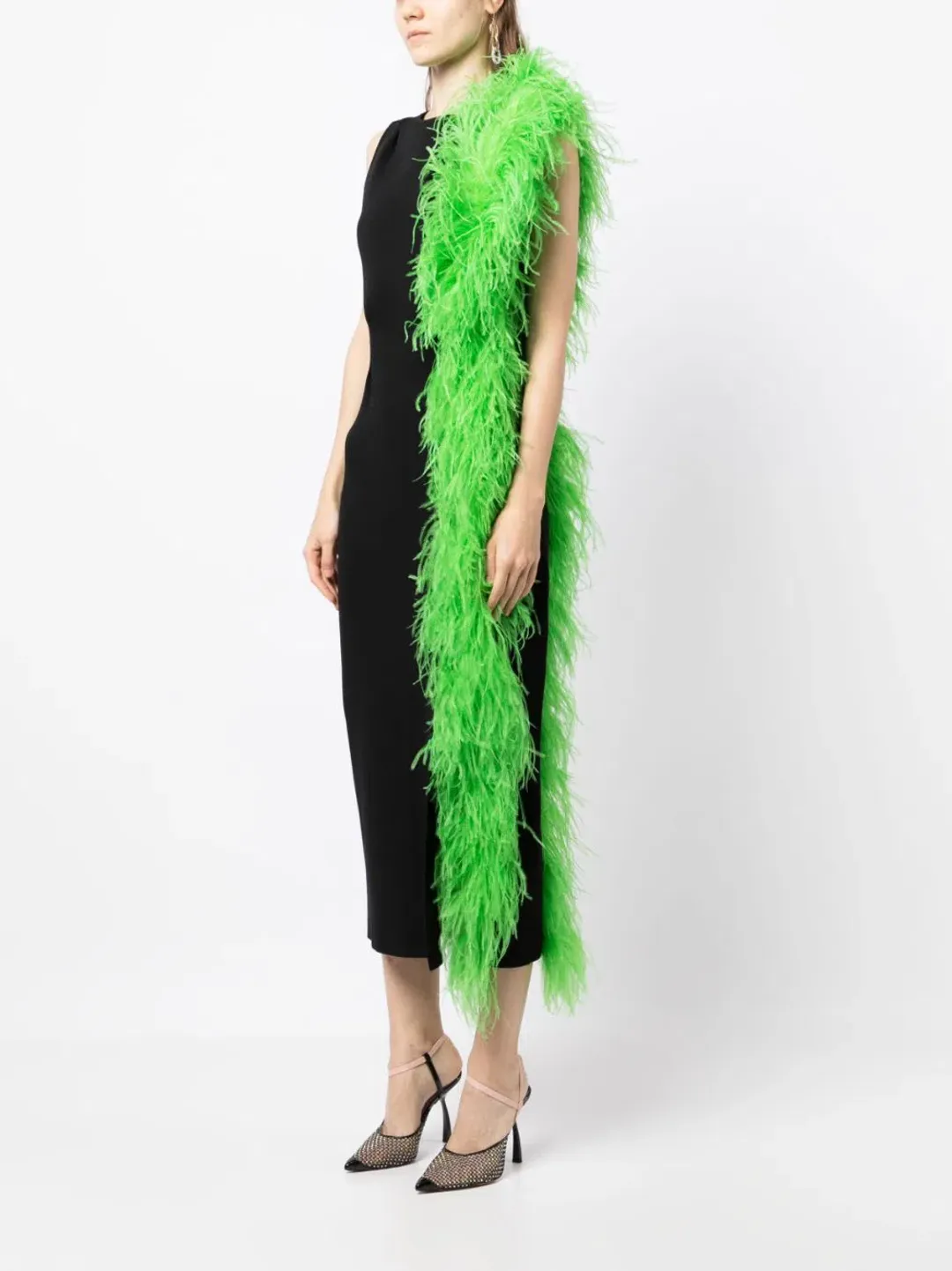 Rachel Gilbert Elcie Feather Trim Midi Dress Black/Green Size 10 for rent on The Volte - main image