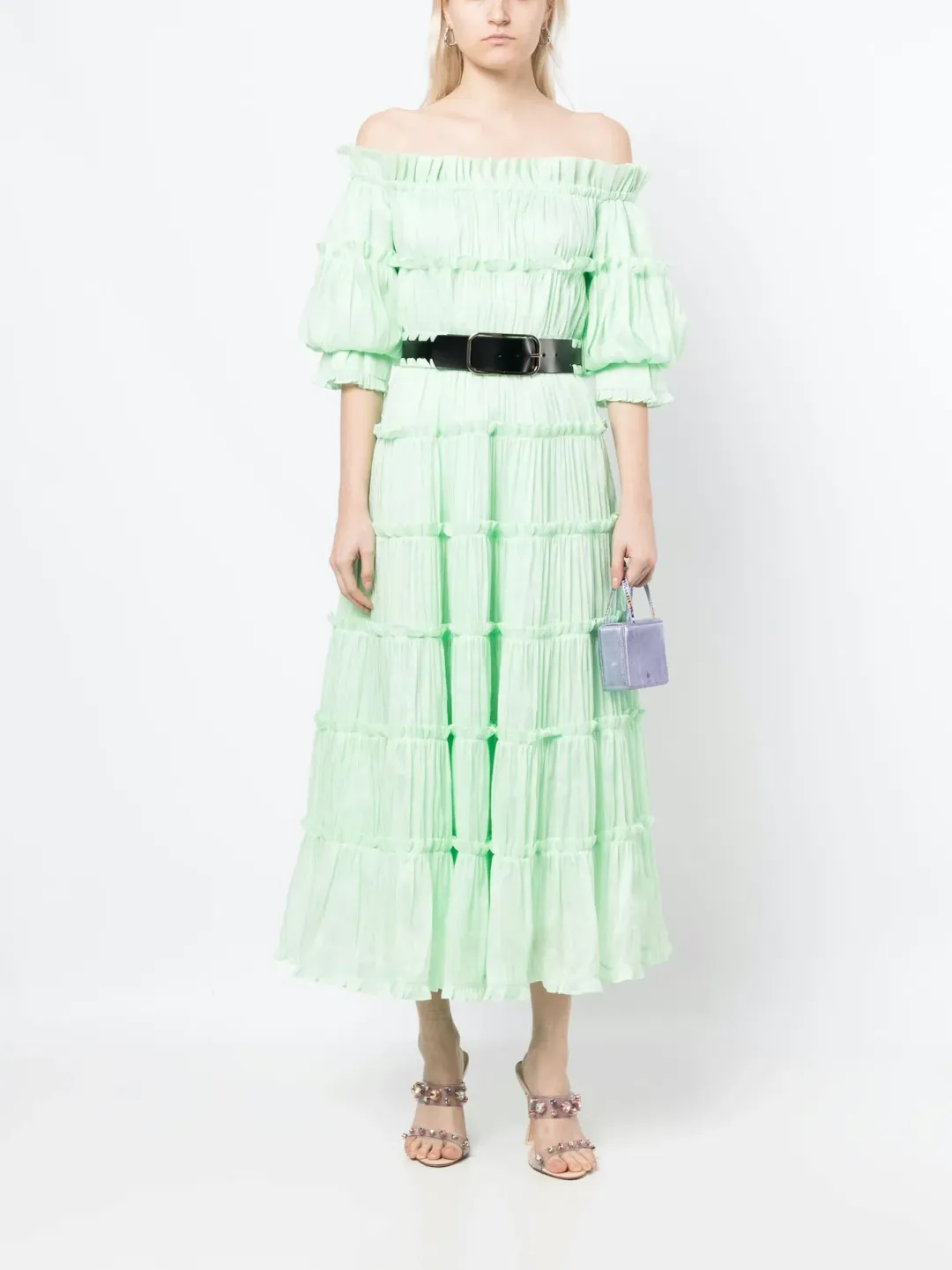 Leo Lin Rue Off Shoulder Tiered Dress Mint Size 12 for rent on The Volte - main image
