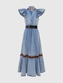 Leo Lin Amelie Butterfly Sleeveless Denim Midi Dress Sand Wash Blue Size 6 for rent on The Volte - image 1