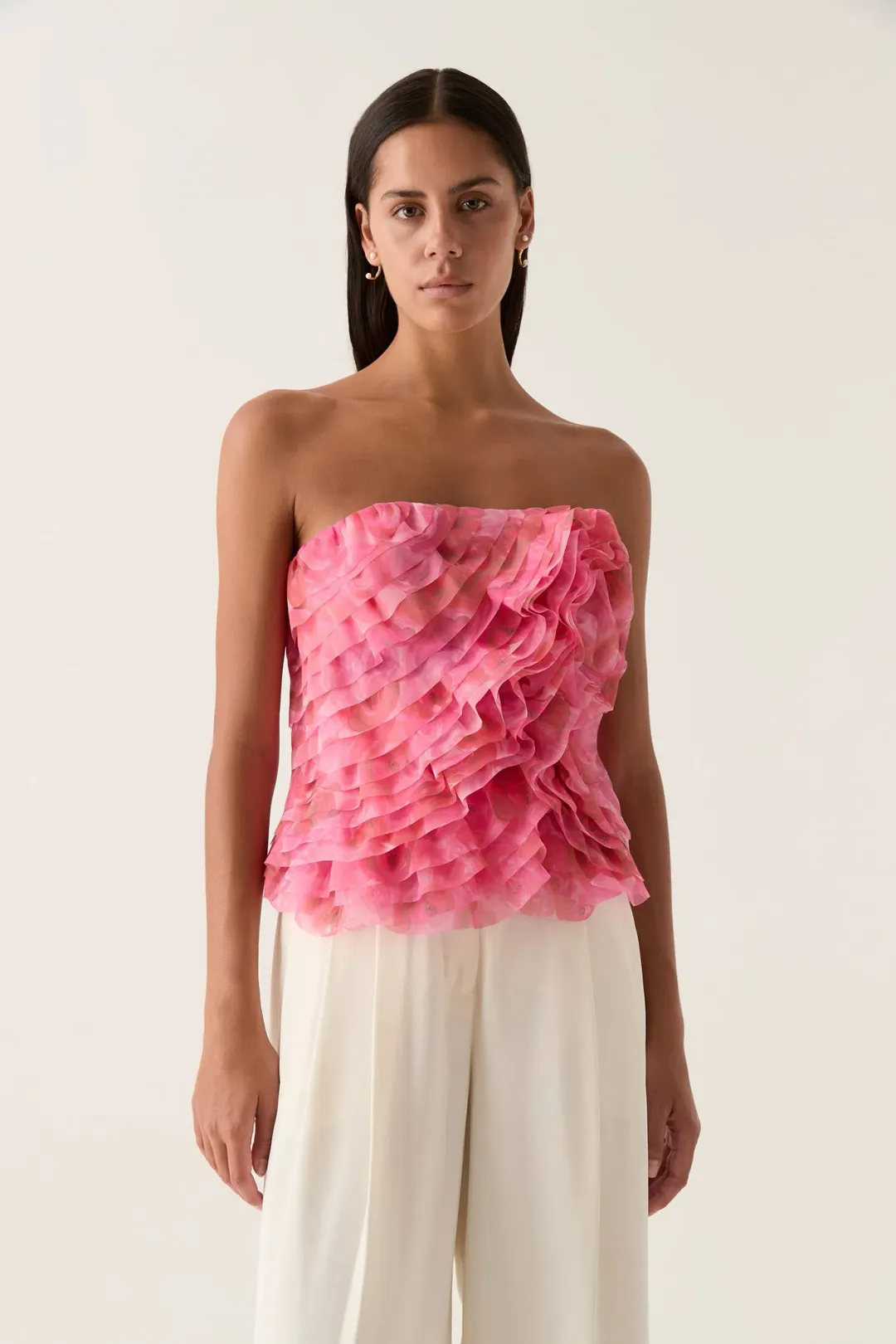 Aje Charmed Rosette Ruffle Bustier and Valeria Asymmetric Midi Skirt Set Misty Rose Size 16  for rent on The Volte - main image