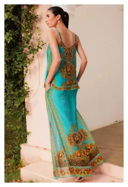 Czarina Aqua Leopardess Cami Top & Palazzo Pants with Side Slit Set Blue & Animal Print Size L/ AU12 for rent on The Volte - image 3