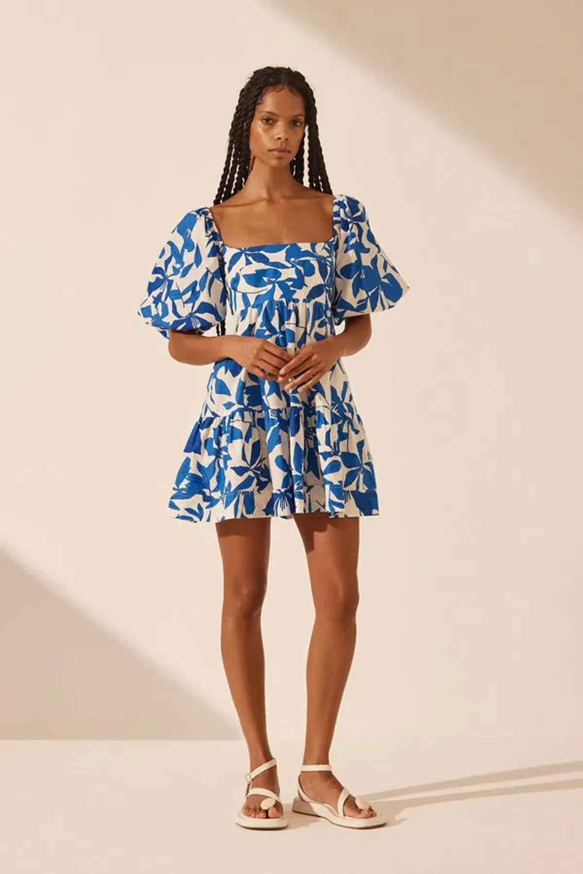 Shona Joy Tiered Mini Dress Blue Floral Size 6 for rent on The Volte - main image
