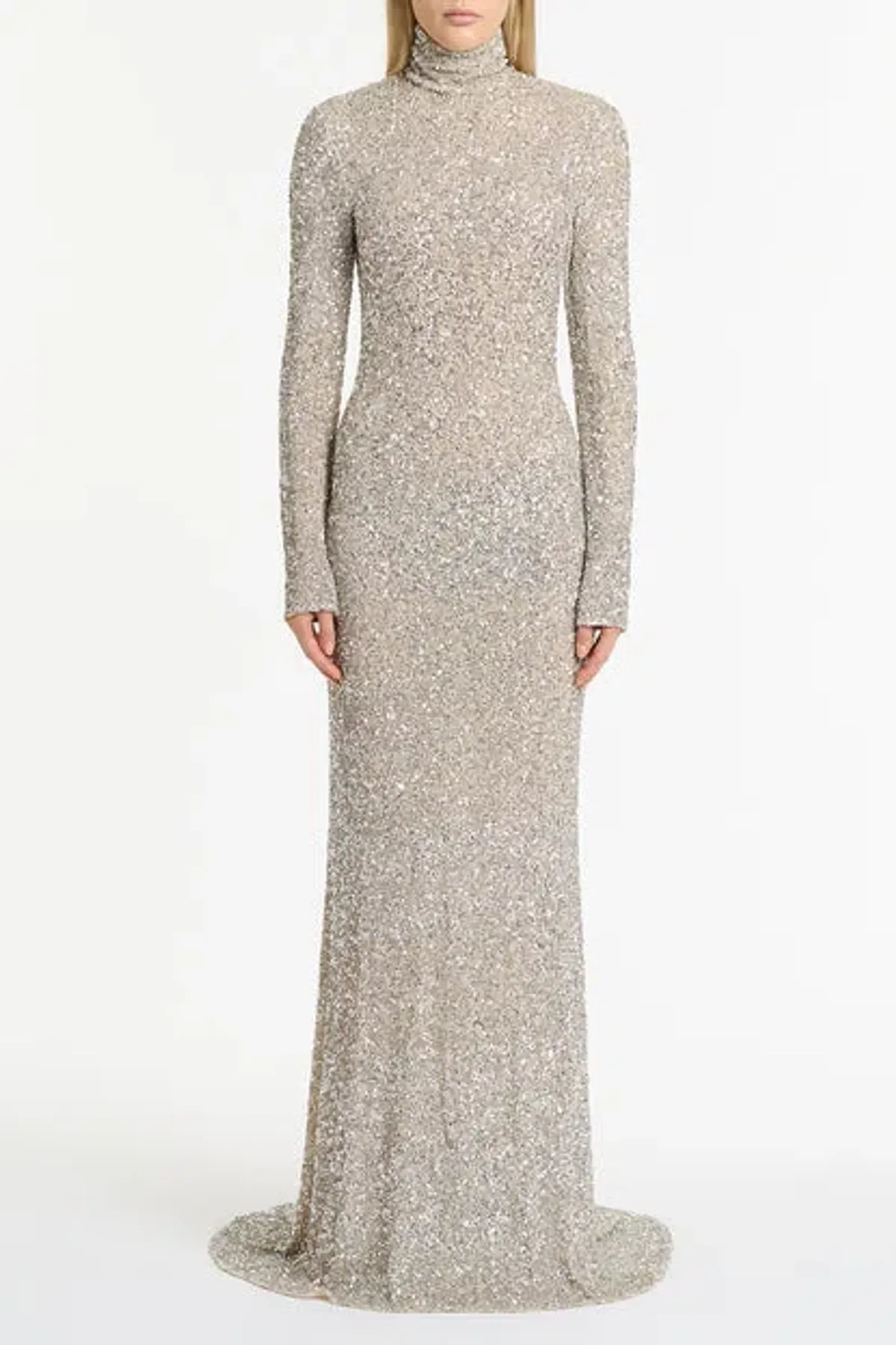 Carla Zampatti Ivory Crushed Sequin Sleeved Gown Silver Size 4 for rent on The Volte - main image
