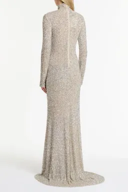 Carla Zampatti Ivory Crushed Sequin Sleeved Gown Silver Size 4 for rent on The Volte - image 3