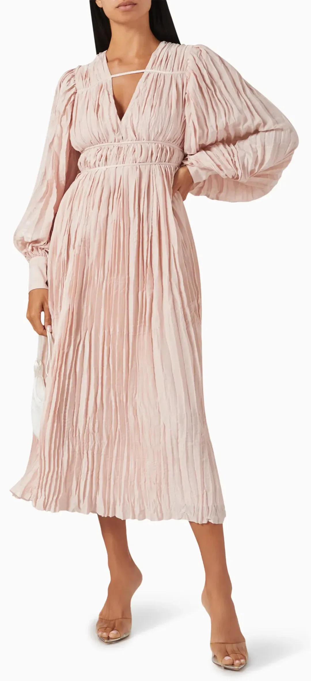 Aje Catalyst Pleated Midi Dress Blush Pink Size AU 14  for rent on The Volte - main image