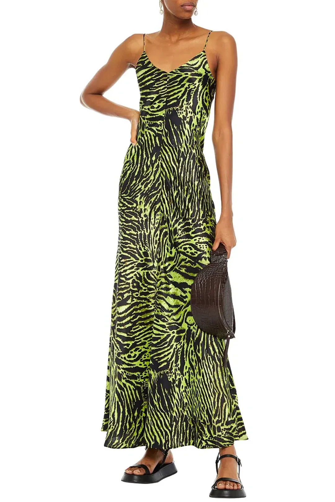 Ganni Silk Blend Satin Maxi Dress in Green Tiger Print Size M / AU 10 for rent on The Volte - main image
