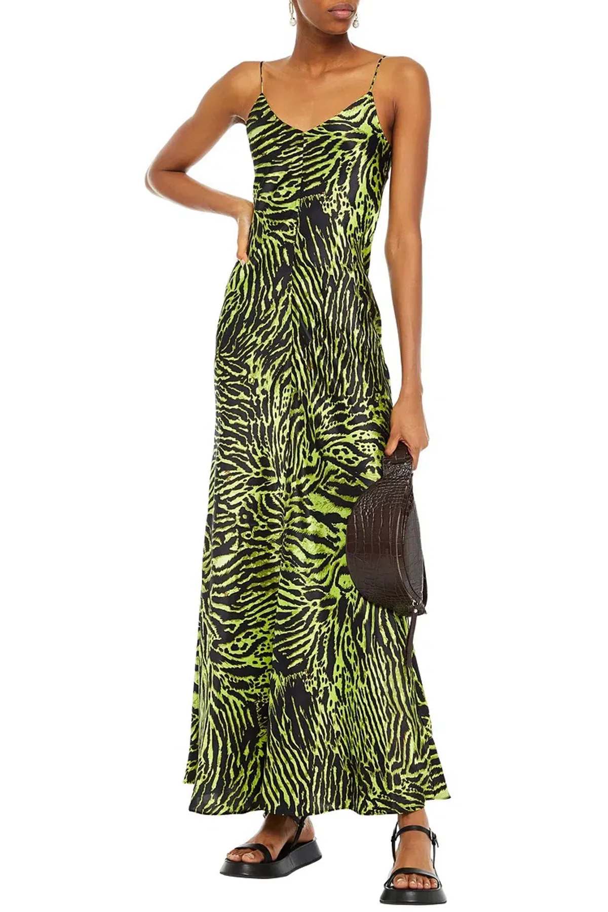 Ganni Silk Blend Satin Maxi Dress in Green Tiger Print Size M / AU 10 for rent on The Volte - main image