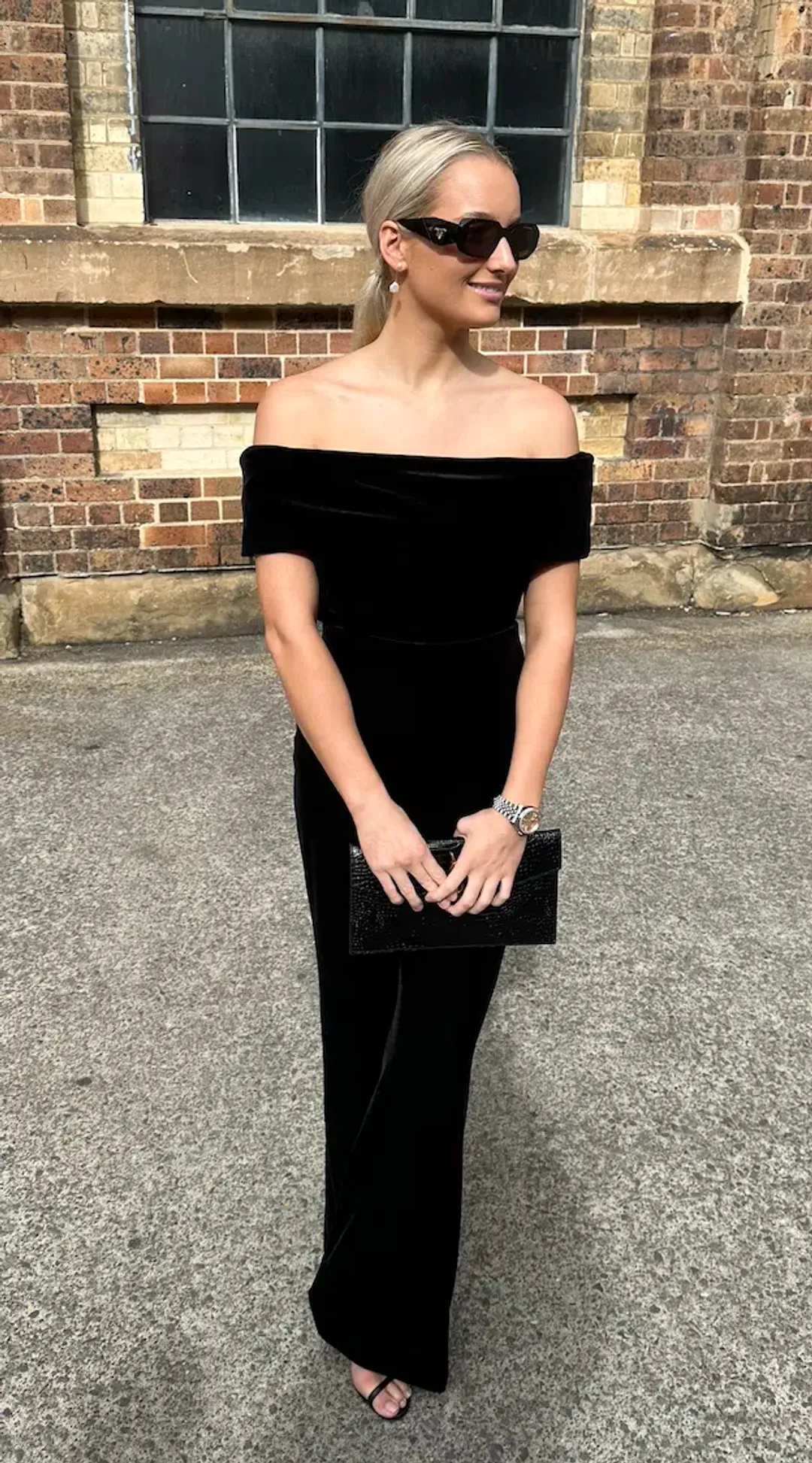 Carla Zampatti Off Shoulder Bodysuit Top and Velvet Pant Black Size 6 for rent on The Volte - main image