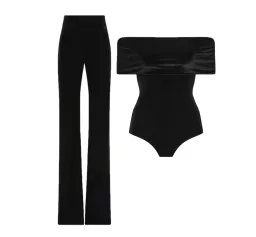 Carla Zampatti Off Shoulder Bodysuit Top and Velvet Pant Black Size 6 for rent on The Volte - image 9