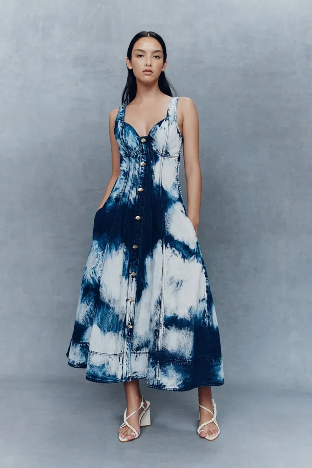 Aje Enigma Denim Midi Dress Tie Dye Indigo  Size 8  for rent on The Volte - main image